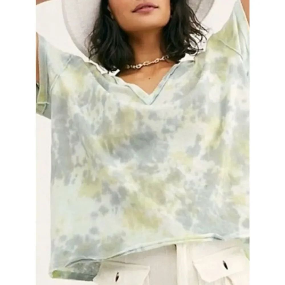 We The Free Light Green and Gray Tie-Dye V-Neck Sweatshirt